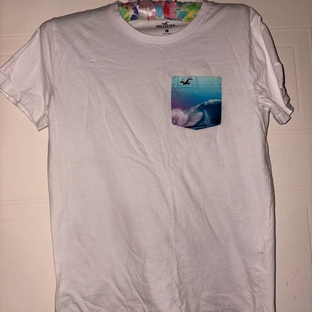Hollister White Short Sleeve Tee with Blue and Purple Pocket